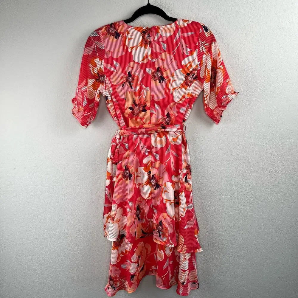 Tahari ASL Pink Floral Ruffle Hem Dress V-Neck Tie Waist Bridal Shower 2 NWT - Picture 4 of 16